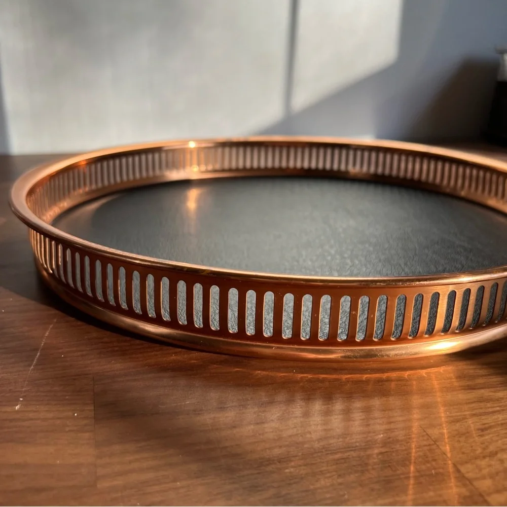 Vintage MCM Coppercraft Guild Drink Tray Wood Leather Copper Whiskey Bar Tray